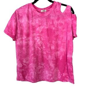 Somewhere West Pink Short Sleeve Cut Out Detail Tye Dye Women's Crew Neck Tee